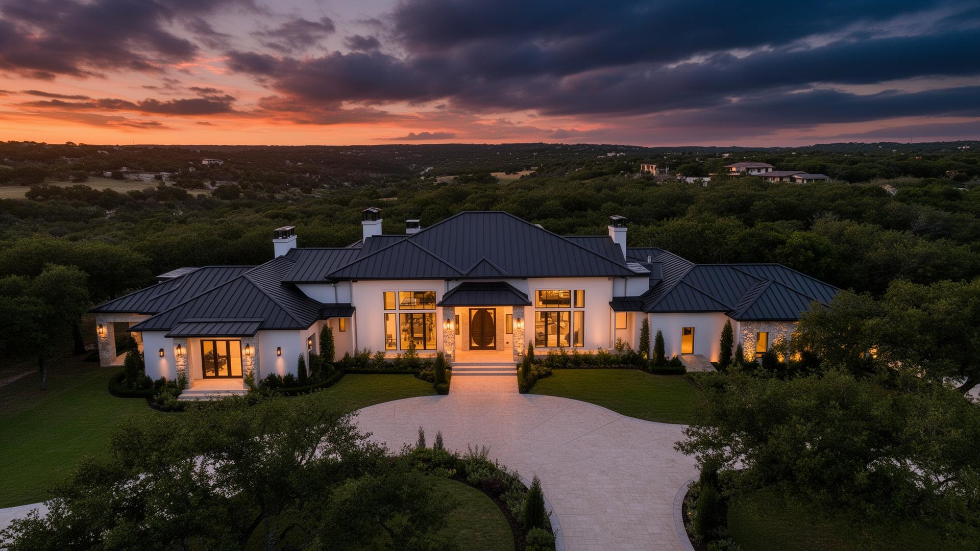 Luxury San Antonio Hill Country estate at twilight